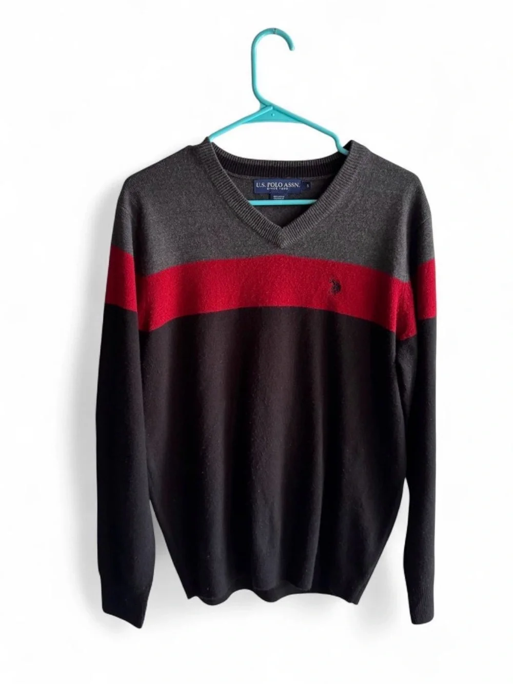 U.S. Polo Assn. Men’s V-Neck Striped Sweater - Black/Gray/Red in